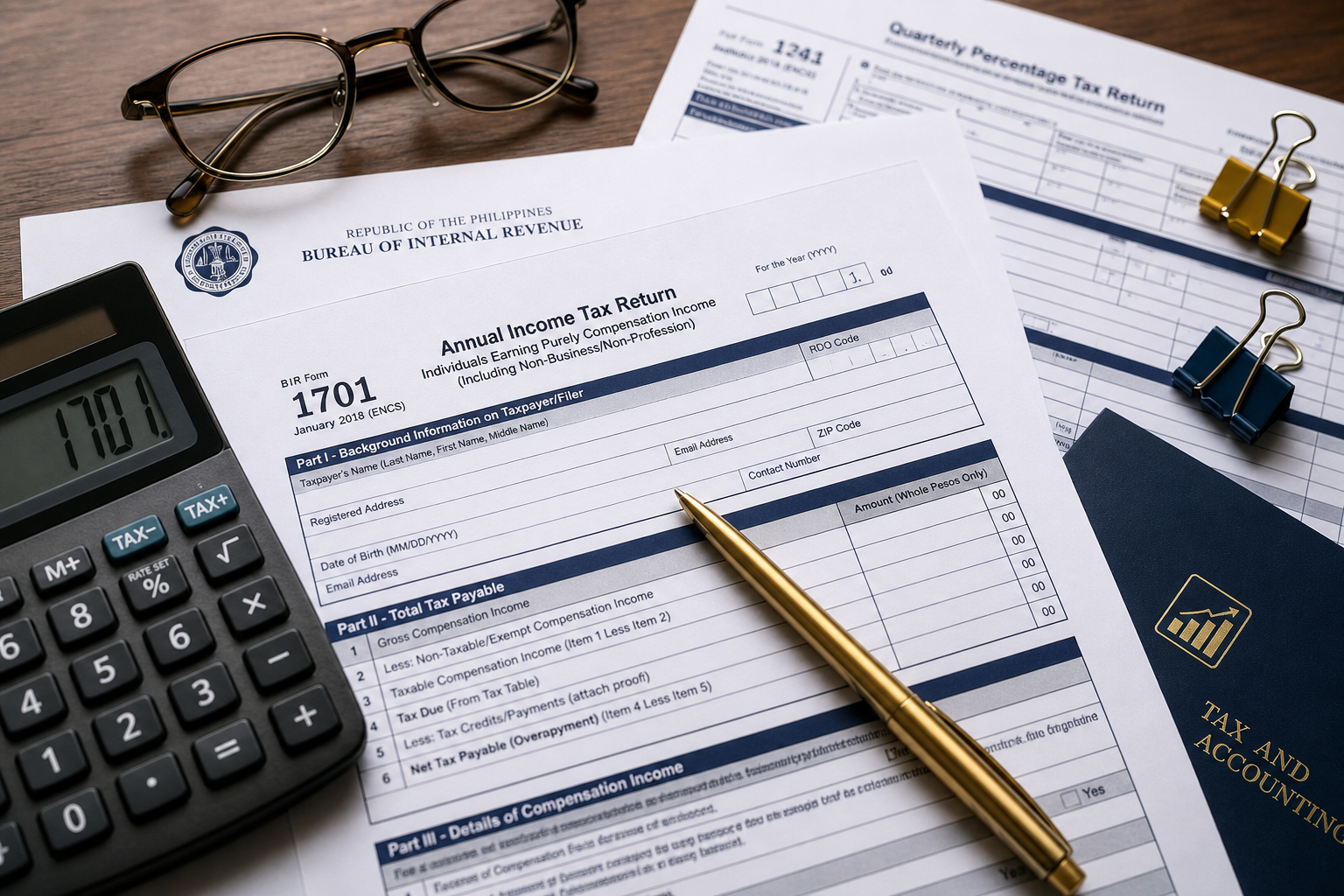 Tax returns, ledgers, and accounting documents ready for BIR filing